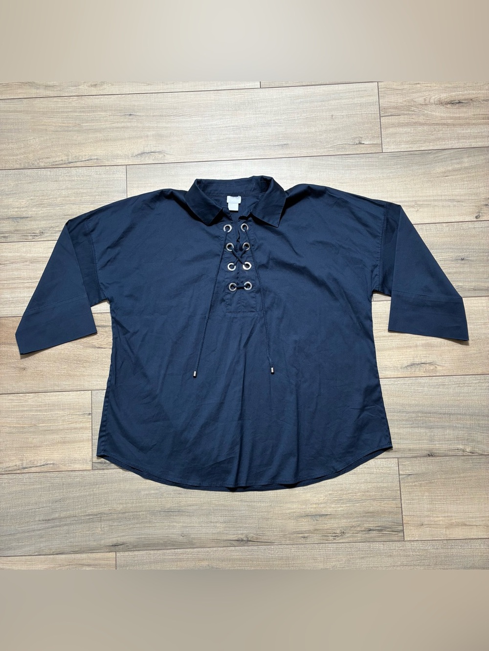 Chico’s Women’s 3/4 Sleeve Collared Lace Up Top Size 2 US 12/14 Navy Blue